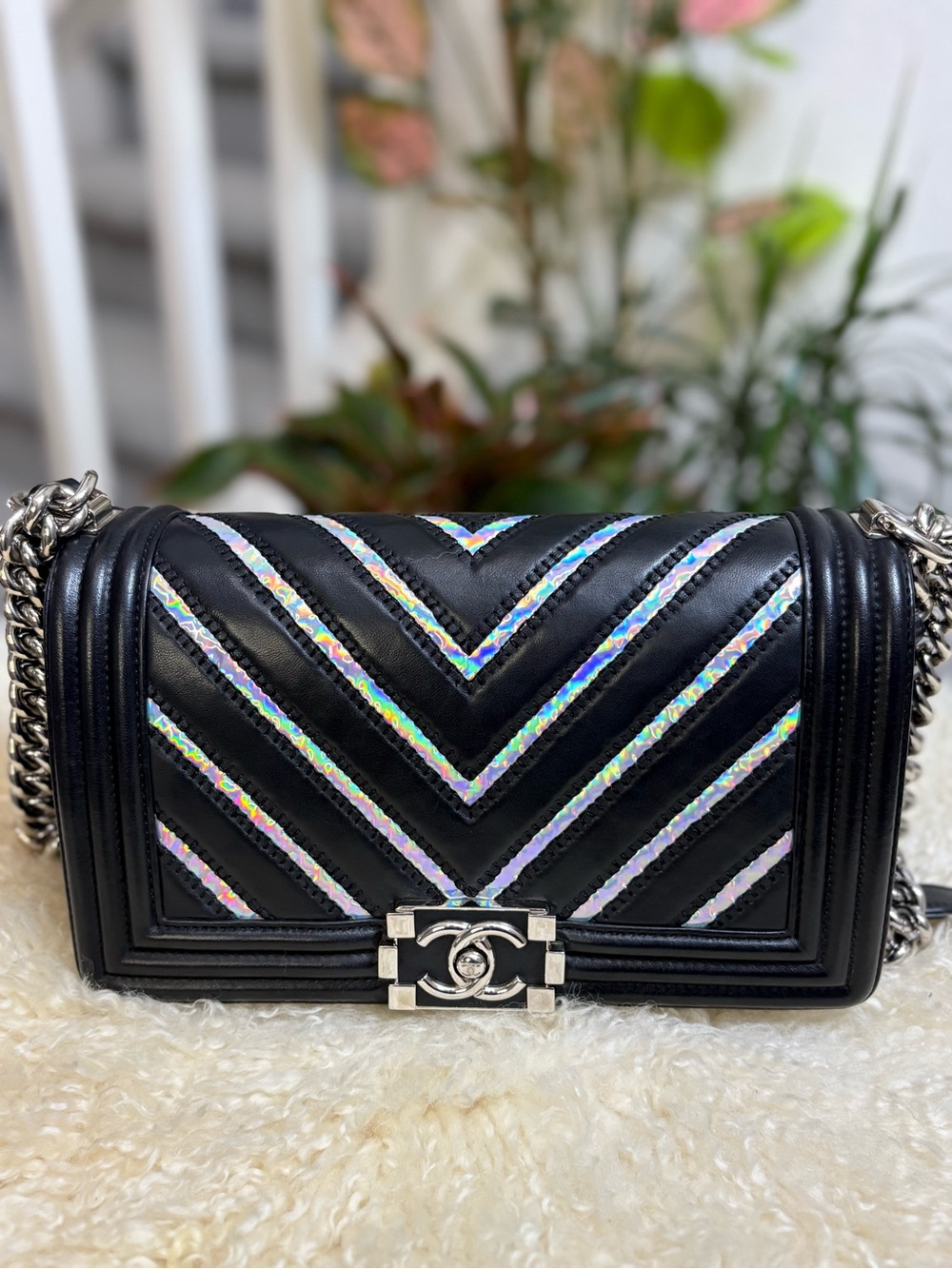 CHANEL Lambskin Iridescent PVC Chevron Quilted Medium Boy Flap Black Silver